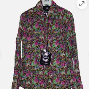 CINO Cotton Pink Green Floral Button Long Sleeve women shirt Size: XS